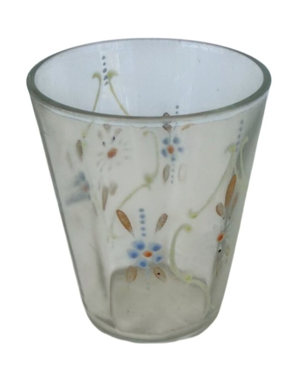 Vintage Enamel Hand‑Painted Glass Tumbler Blue White Daisy Gold Accents